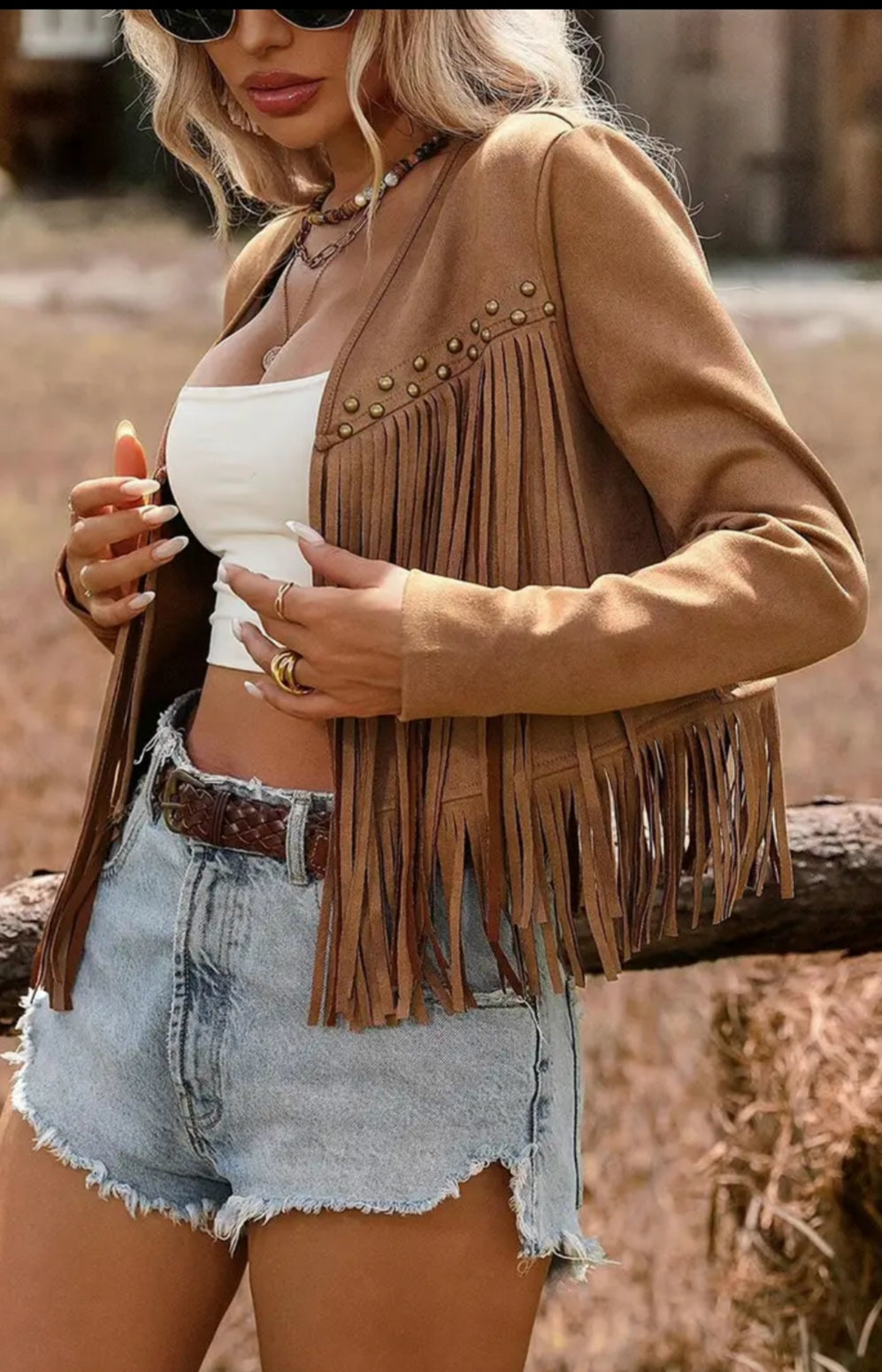Fringe Studded Sleeveless  Open Jacket