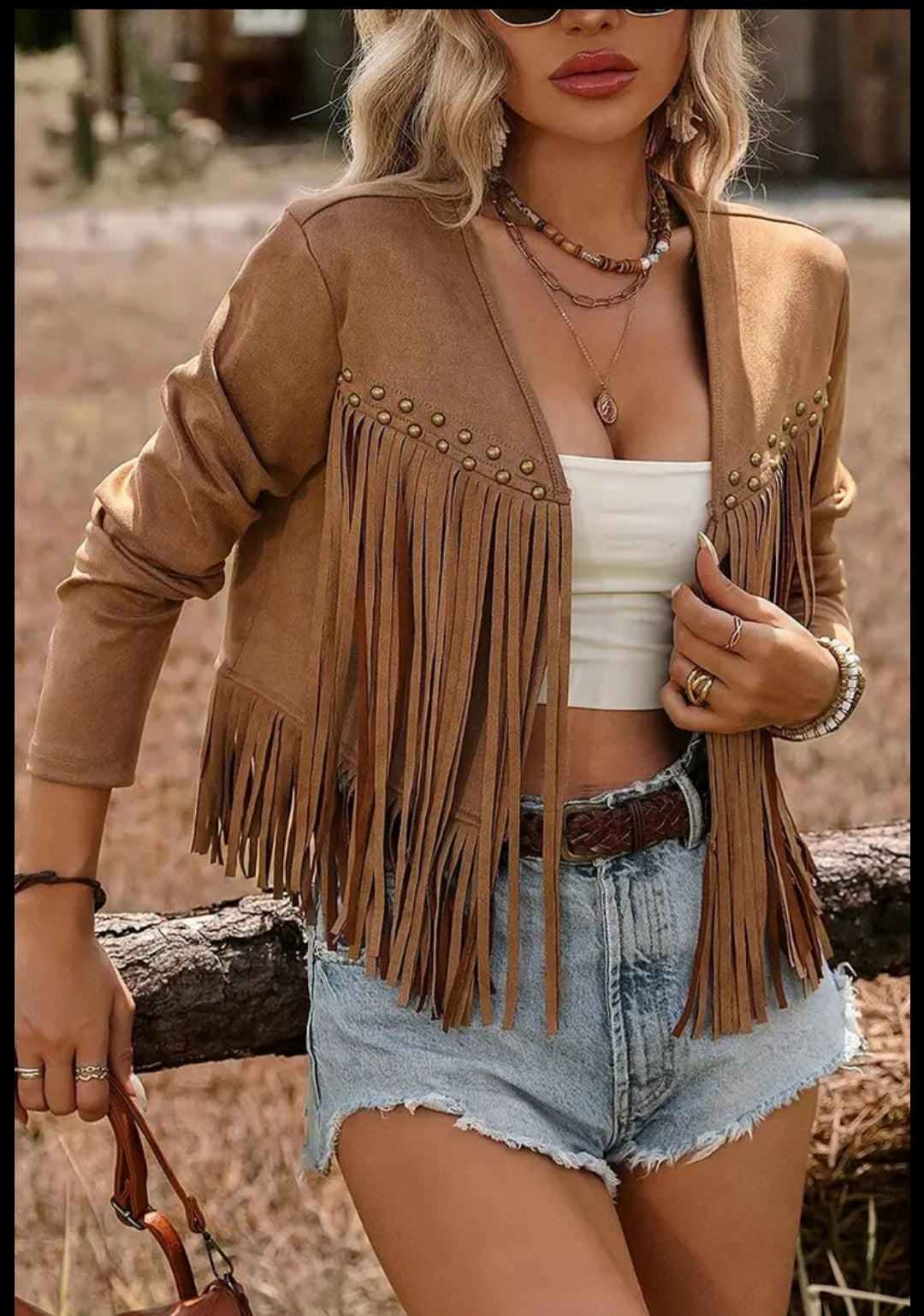Fringe Studded Sleeveless  Open Jacket