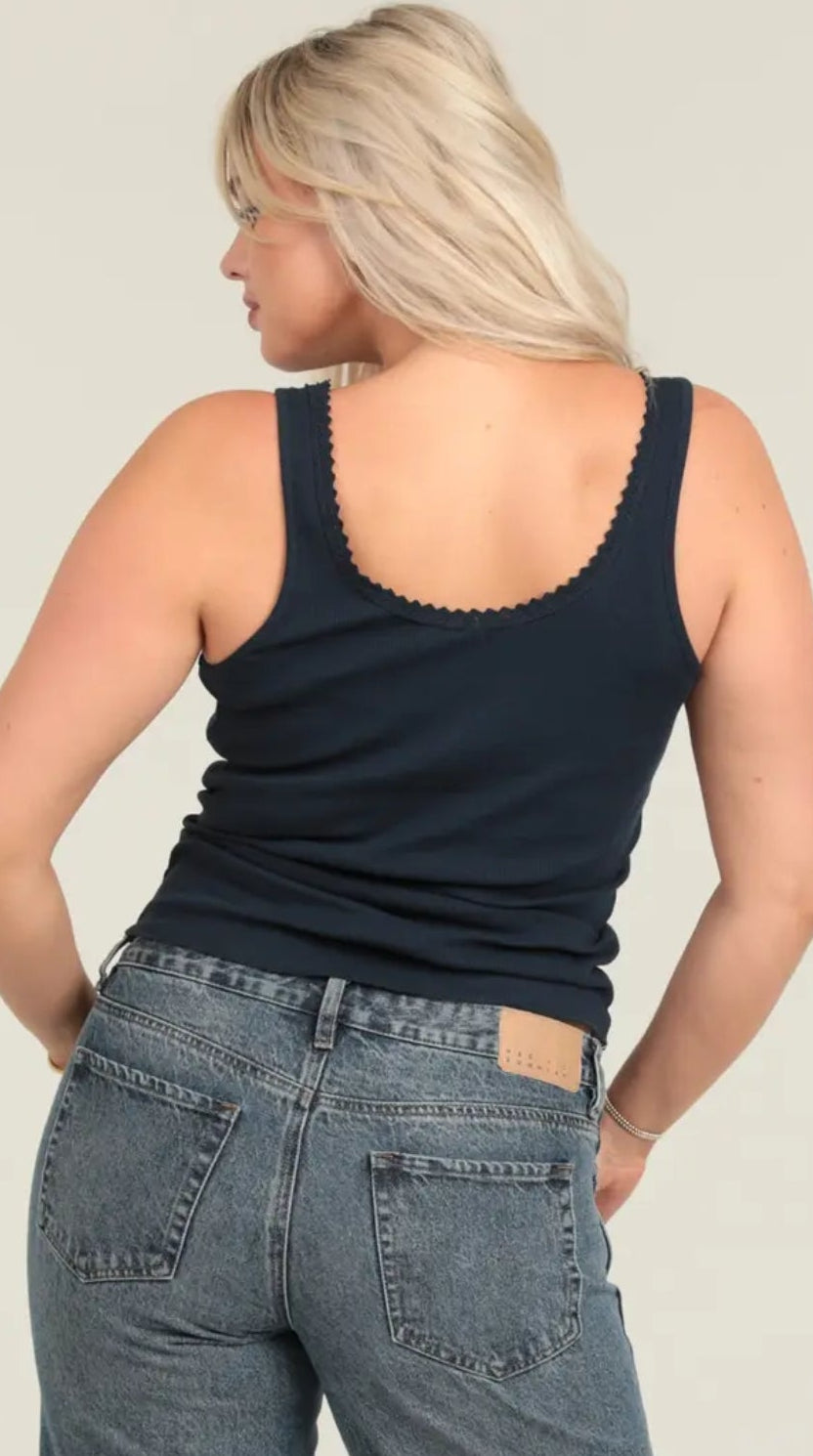 Cotton Rib Knit
Lace Trim Cinch Bust Tank