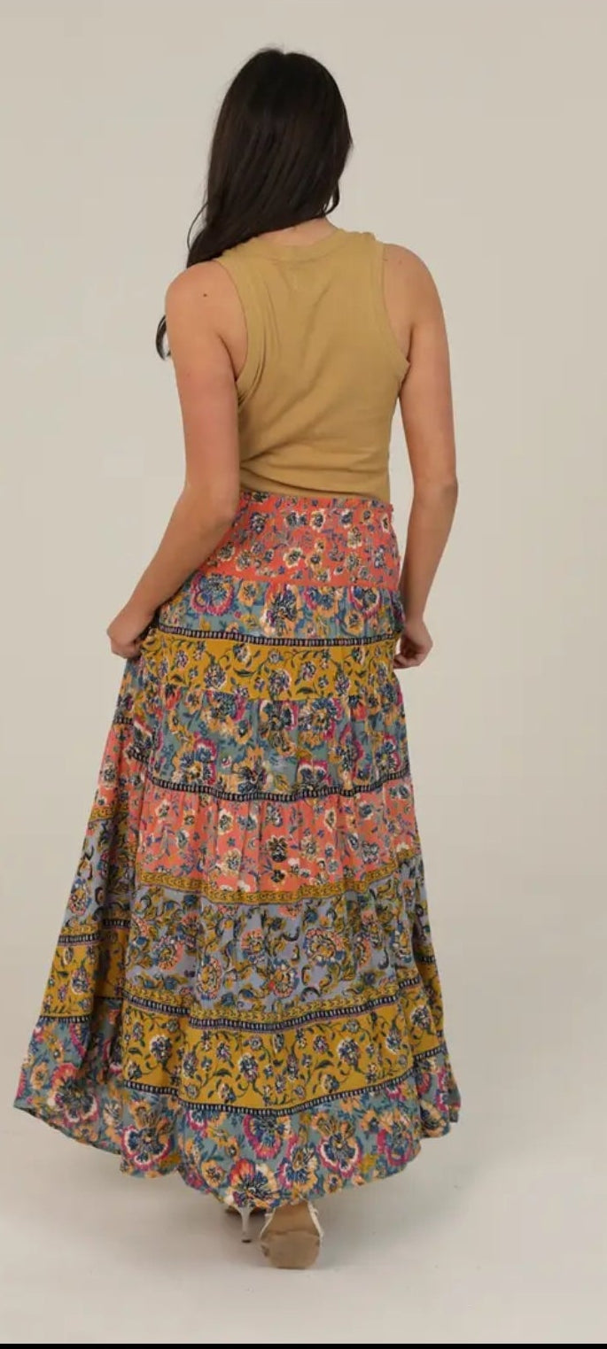 Mix Print Smocked Waistband Tiered A Line Maxi Skirt