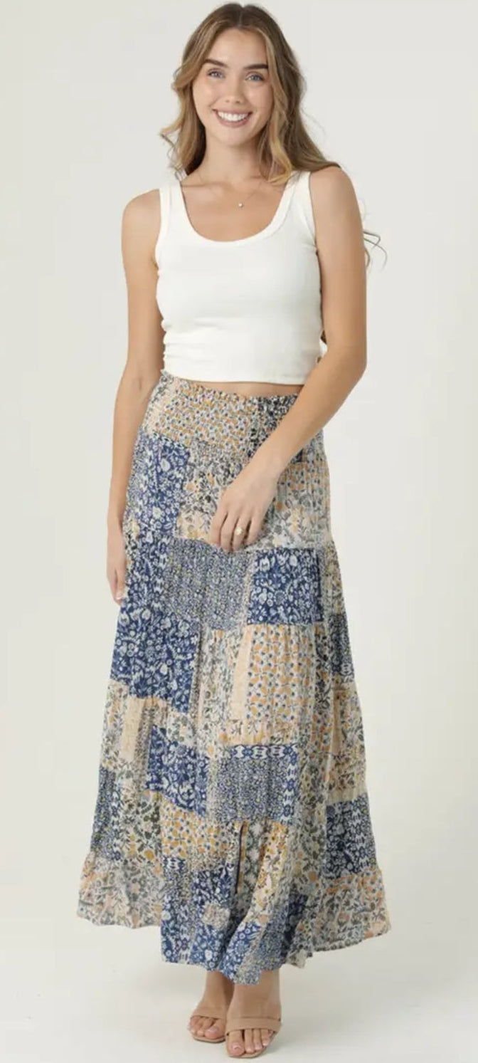 Smocked Waistband Patchwork Print A Line Tiered Maxi Skirt