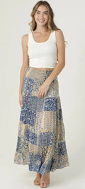 Smocked Waistband Patchwork Print A Line Tiered Maxi Skirt