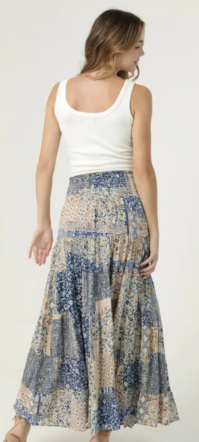 Smocked Waistband Patchwork Print A Line Tiered Maxi Skirt