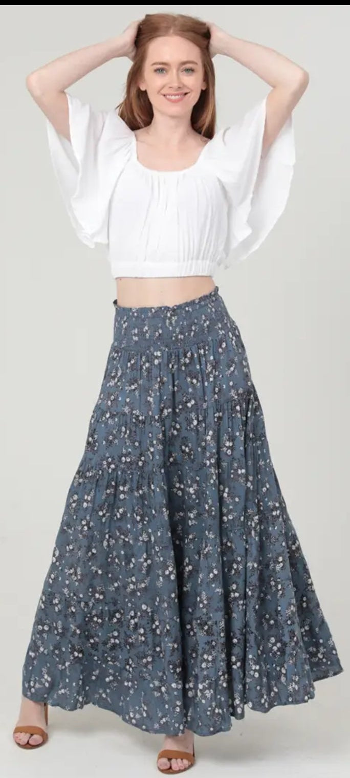 Ditsy Print Smocked Waist Tiered Maxi Skirt