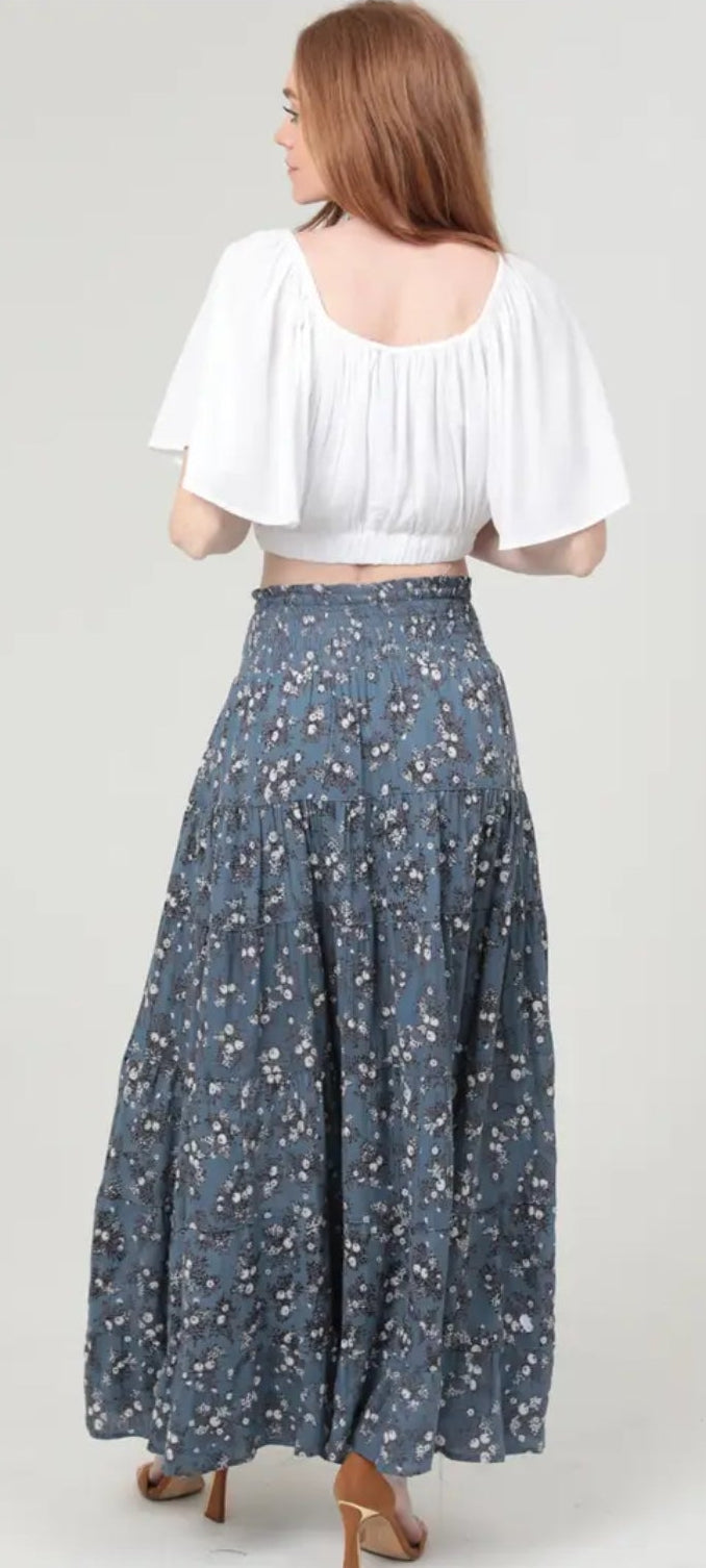 Ditsy Print Smocked Waist Tiered Maxi Skirt