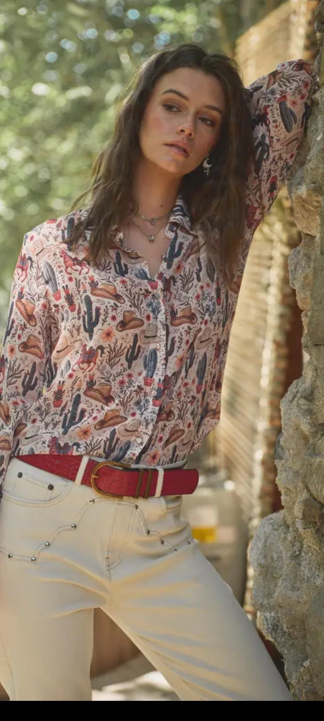 Western Print Chiffon Button Up Blouse
Color BEIGE