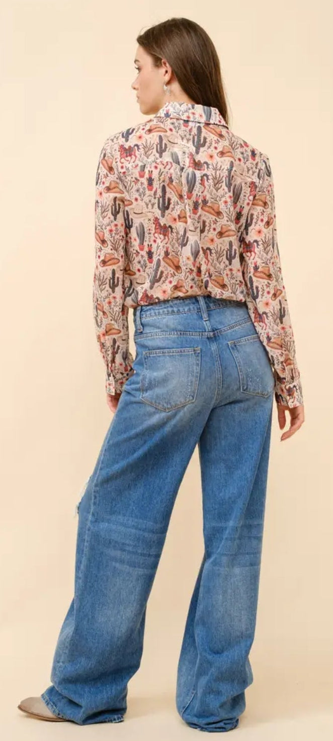 Western Print Chiffon Button Up Blouse
Color BEIGE