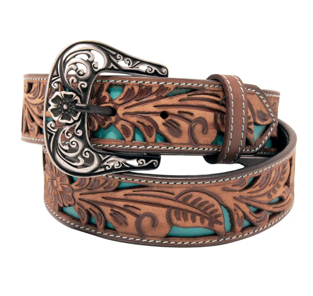 Floral Tooled Cutout Top Grain Leather Belt