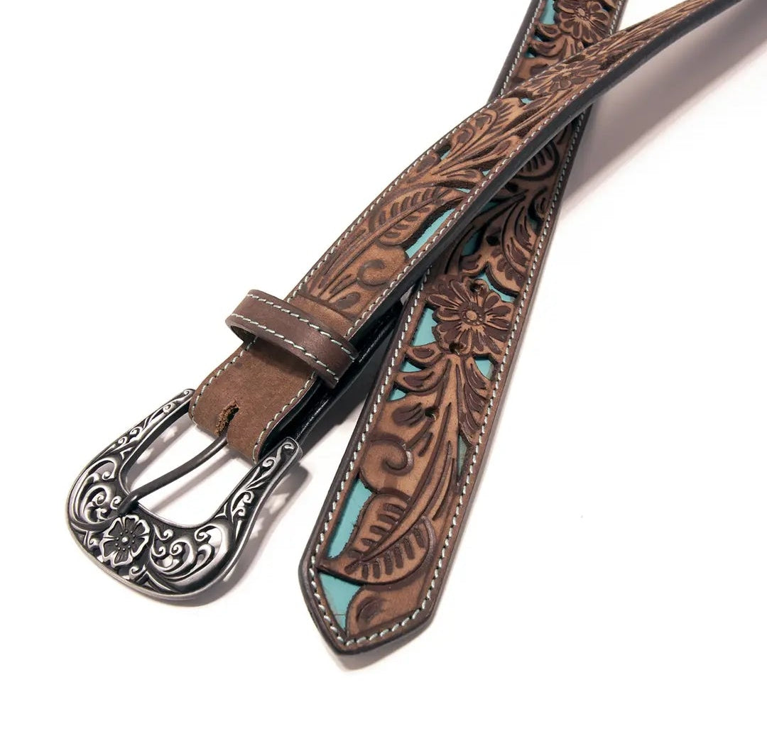 Floral Tooled Cutout Top Grain Leather Belt