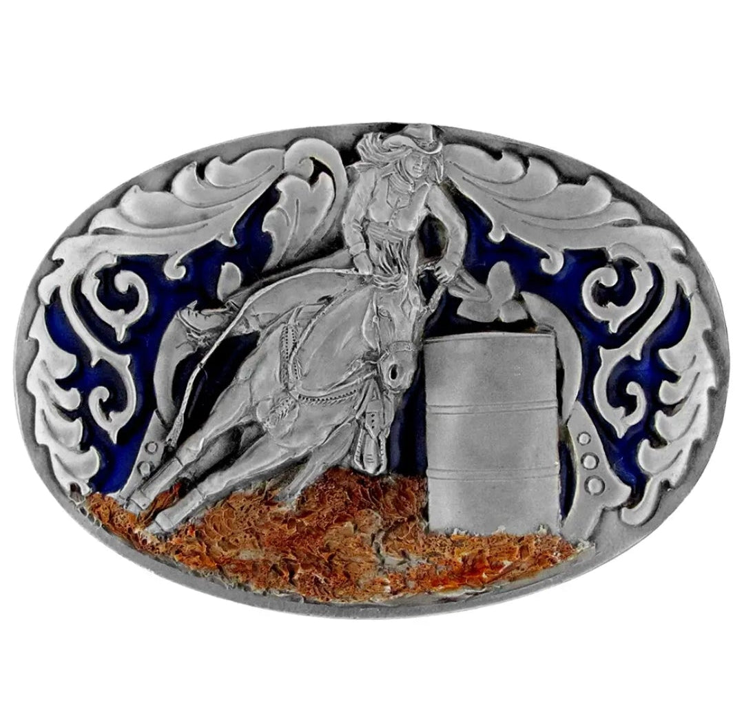 Usa-Made Barrel Racer Belt Buckle with Enamel Finish
