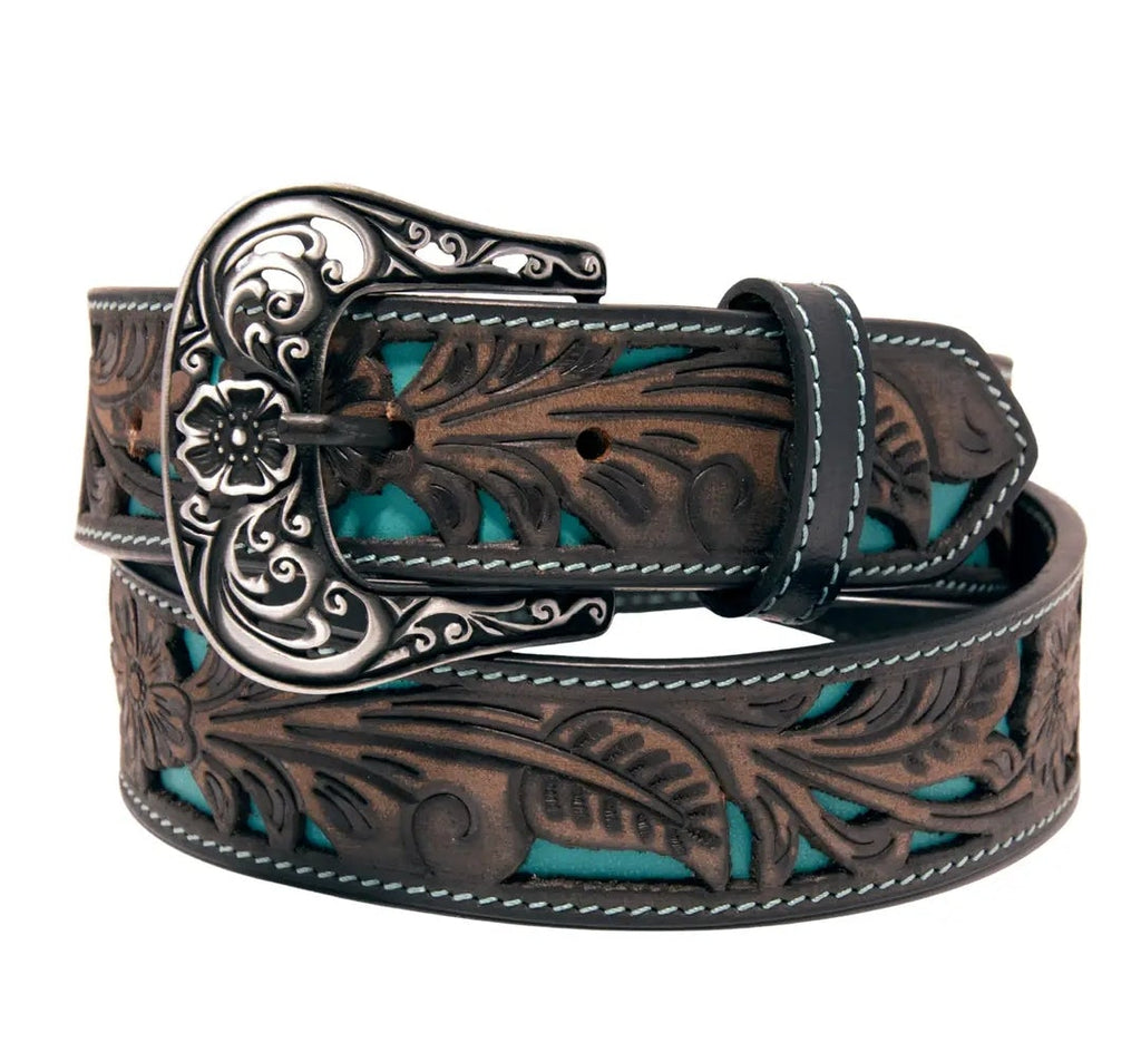 Floral Tooled Cutout Top Grain Leather Belt