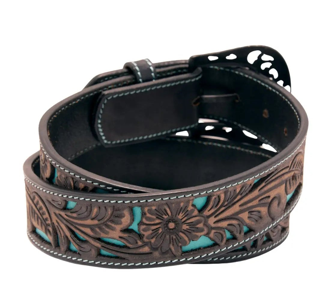Floral Tooled Cutout Top Grain Leather Belt