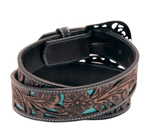 Floral Tooled Cutout Top Grain Leather Belt