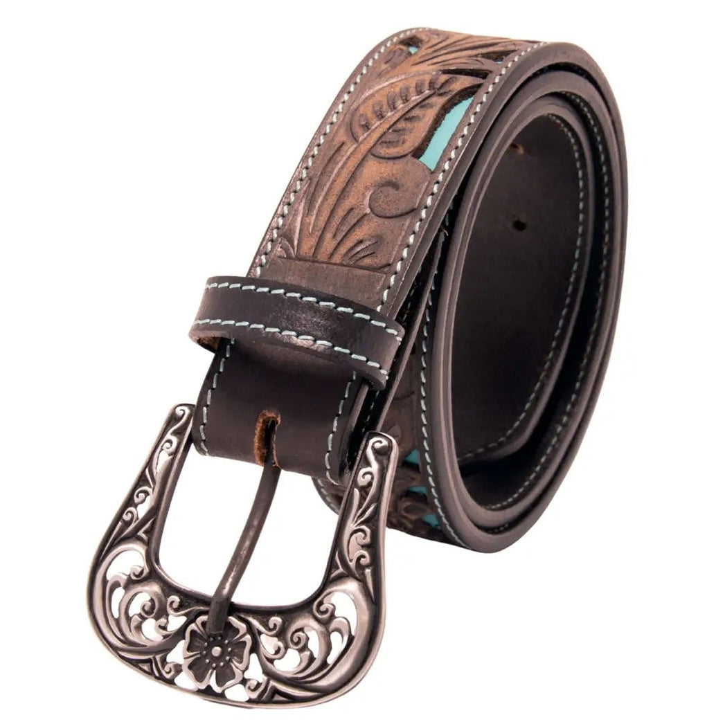 Floral Tooled Cutout Top Grain Leather Belt