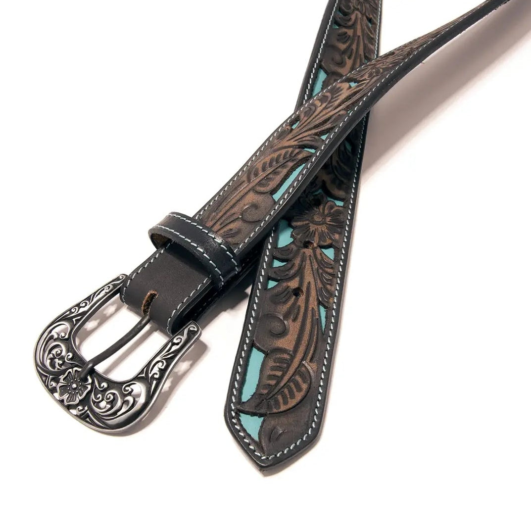Floral Tooled Cutout Top Grain Leather Belt