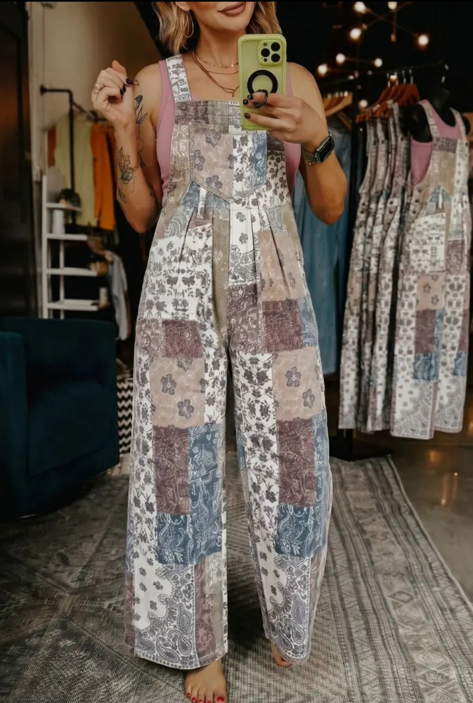 Patchwork Print Denim Sleeveless Wide Leg Jumpsuit