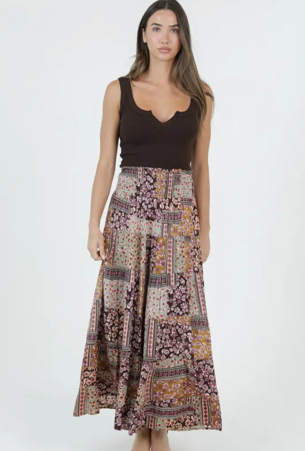 Tiered Patchwork Skirt with Smocked Waistband