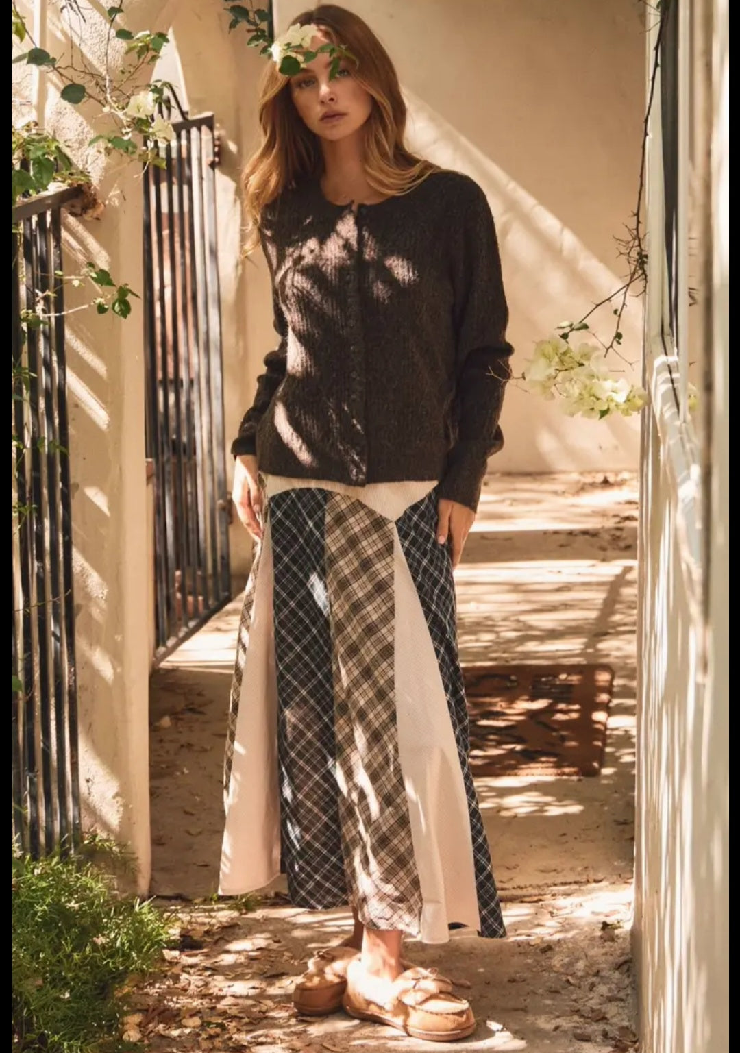 Patchwork Plaid Paneled Midi Skirt