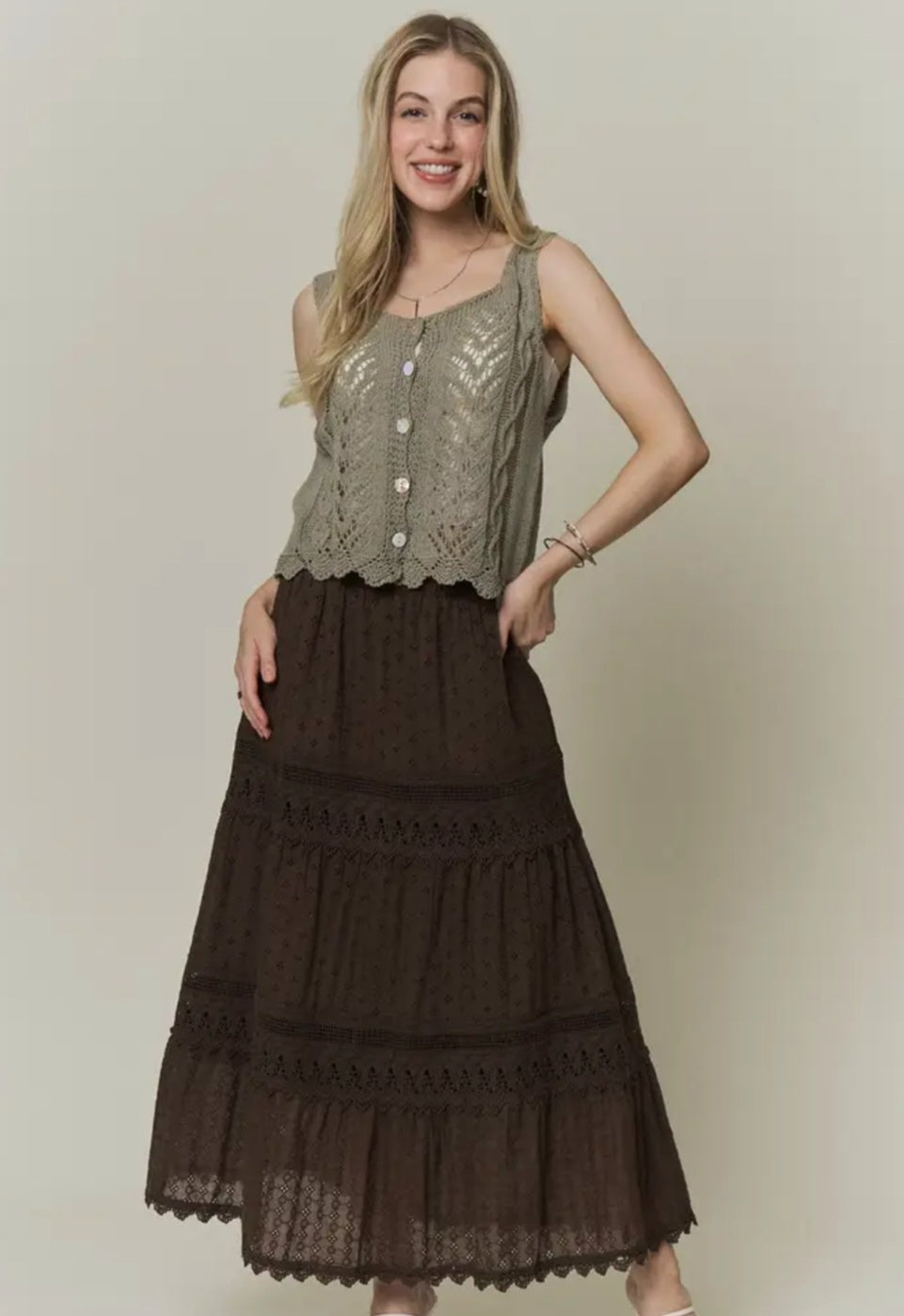 Boho Lace Detail Tiered Maxi Skirt
