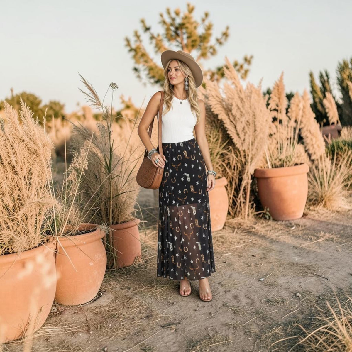 Western Elements Print Lined Maxi Mesh Skirt