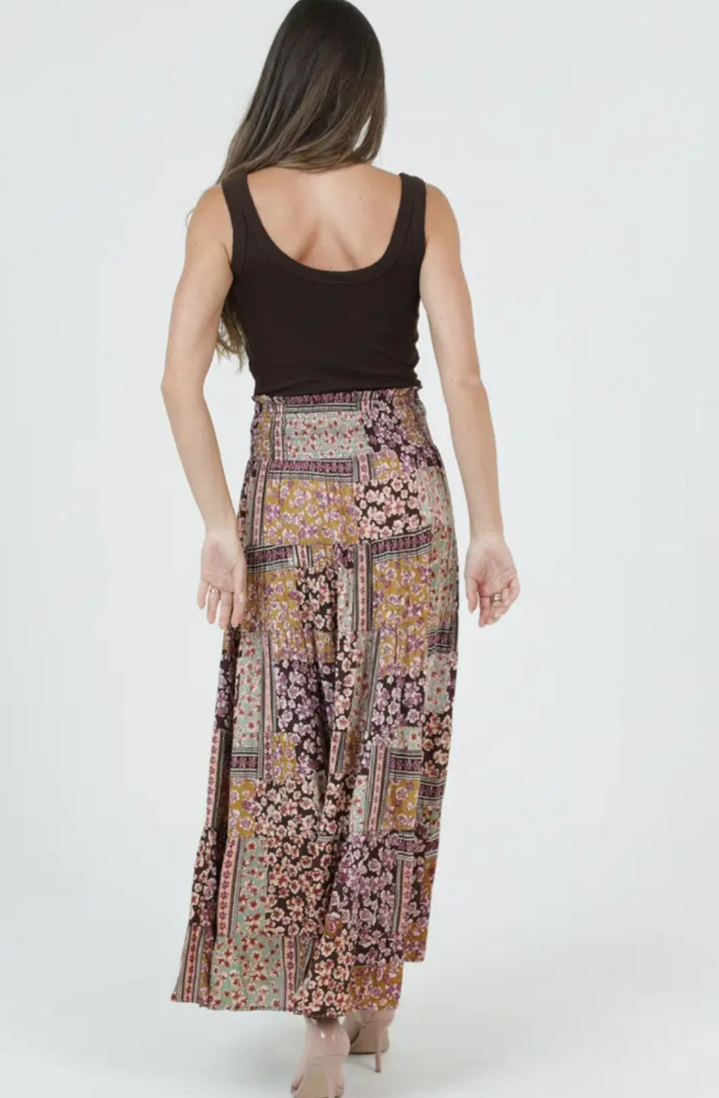 Tiered Patchwork Skirt with Smocked Waistband