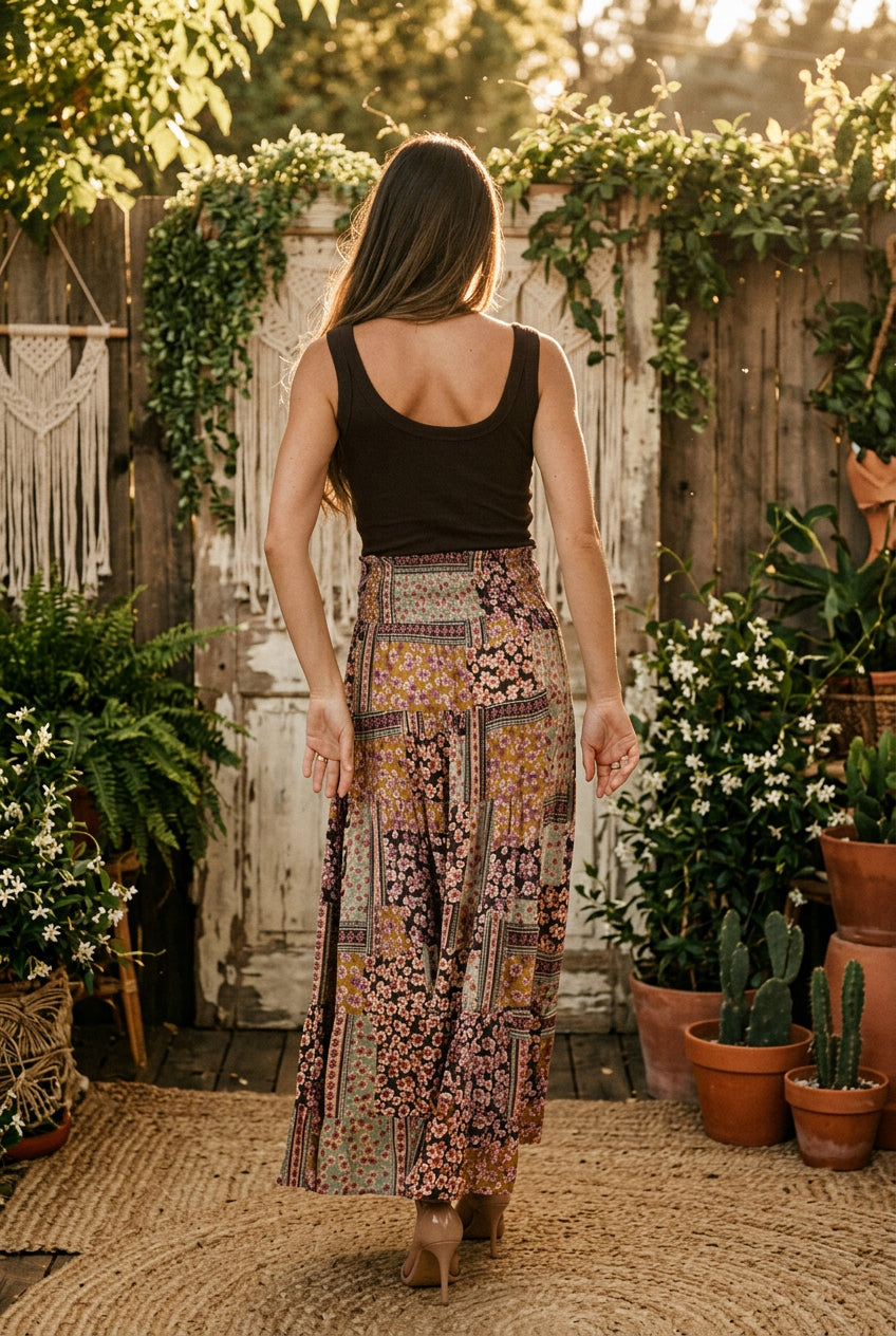 Tiered Patchwork Skirt with Smocked Waistband