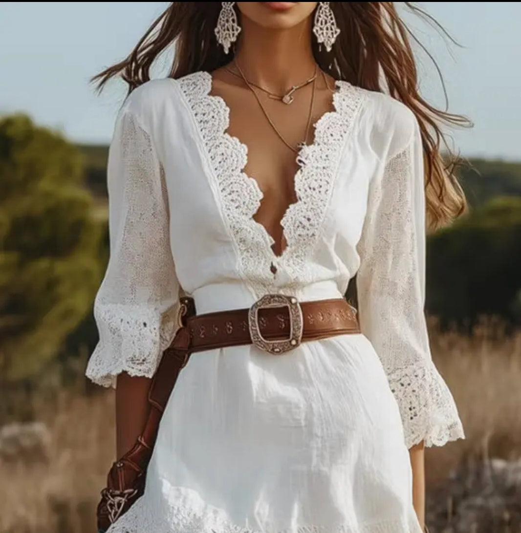 Boho Lace V-Neck Bell Sleeve Mini Dress