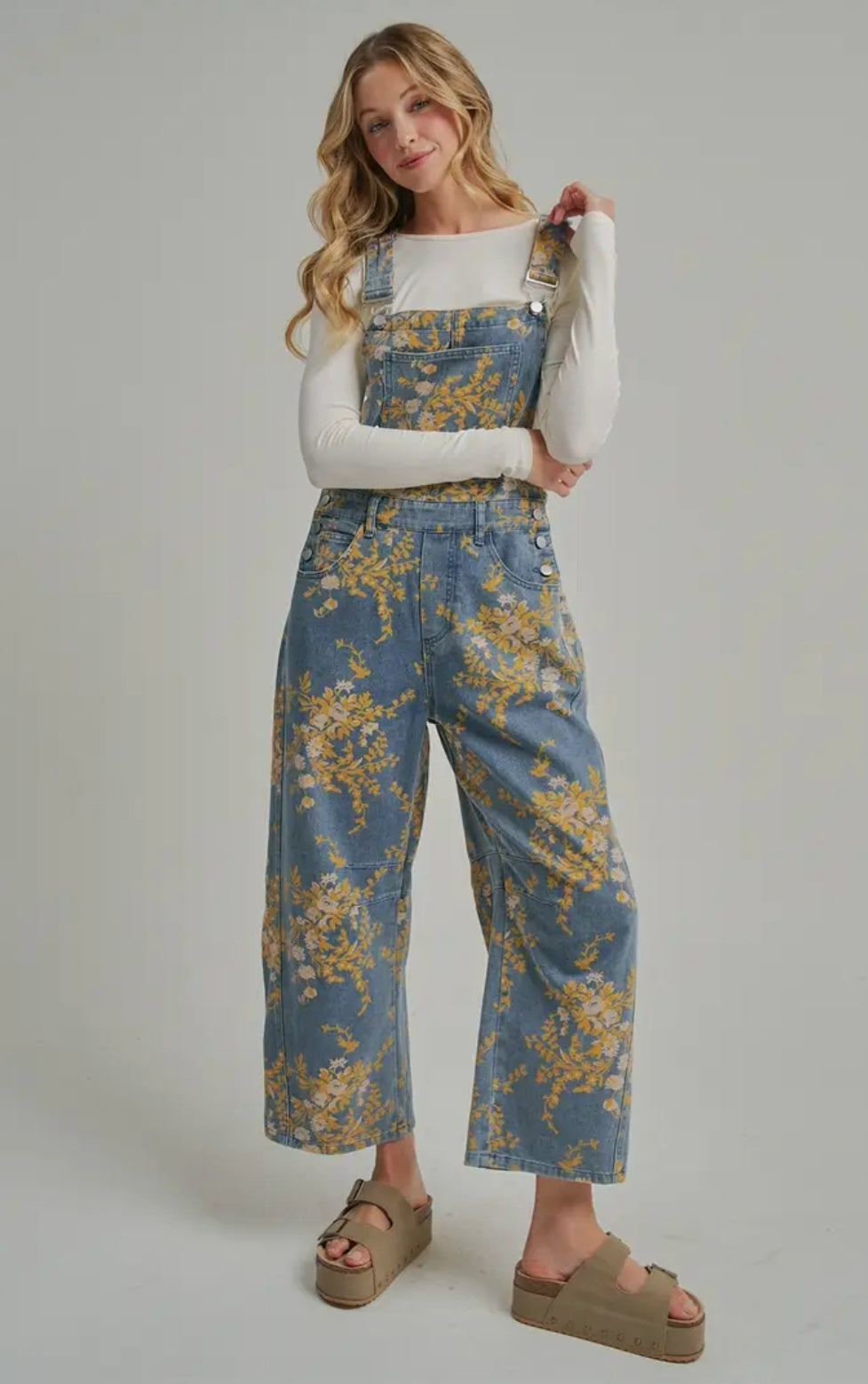 Floral Print Denim Overall Jumpsuit