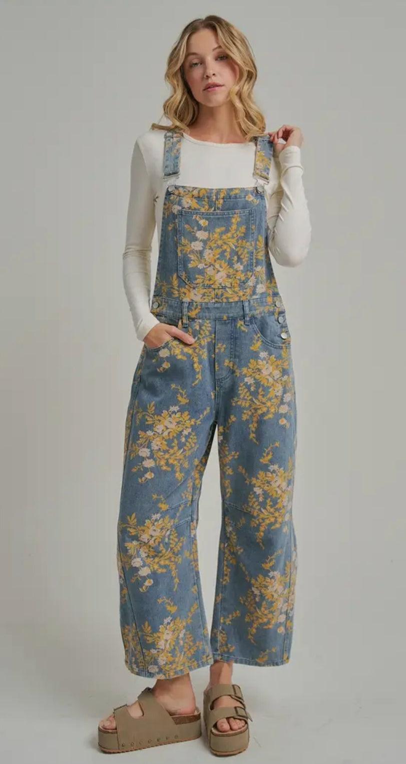 Floral Print Denim Overall Jumpsuit