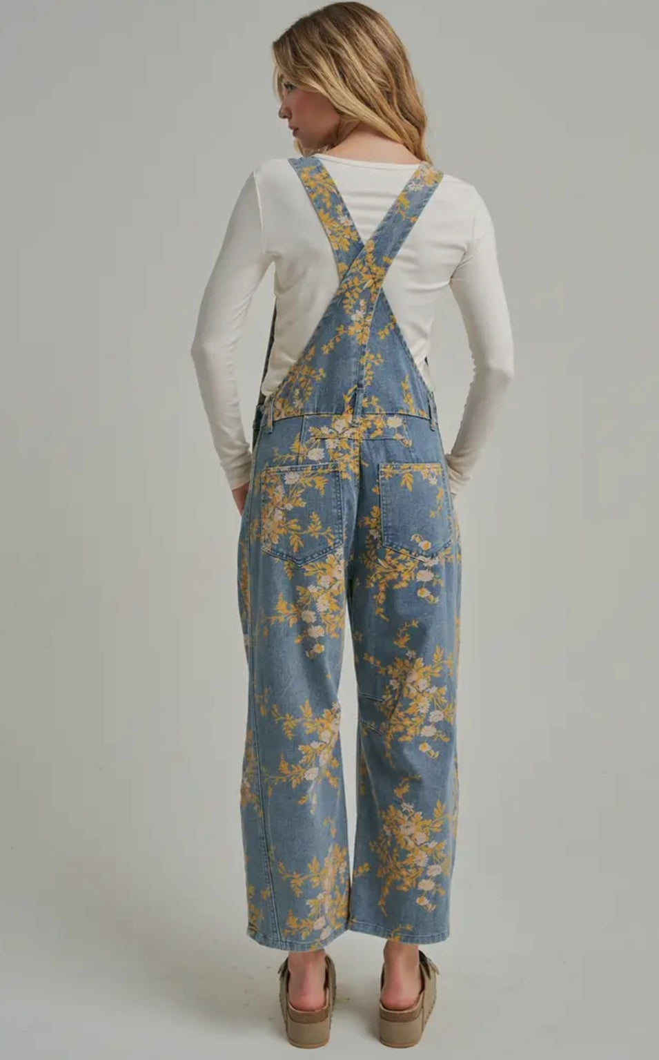 Floral Print Denim Overall Jumpsuit